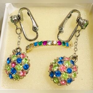 Vtg Multi colored Earrings and Ring Silver tone bundle